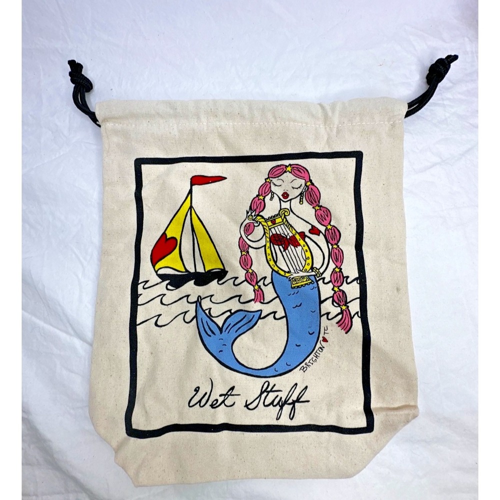 Brighton Canvas Travel Beach Wet Stuff Mermaid Print Drawstring Bag